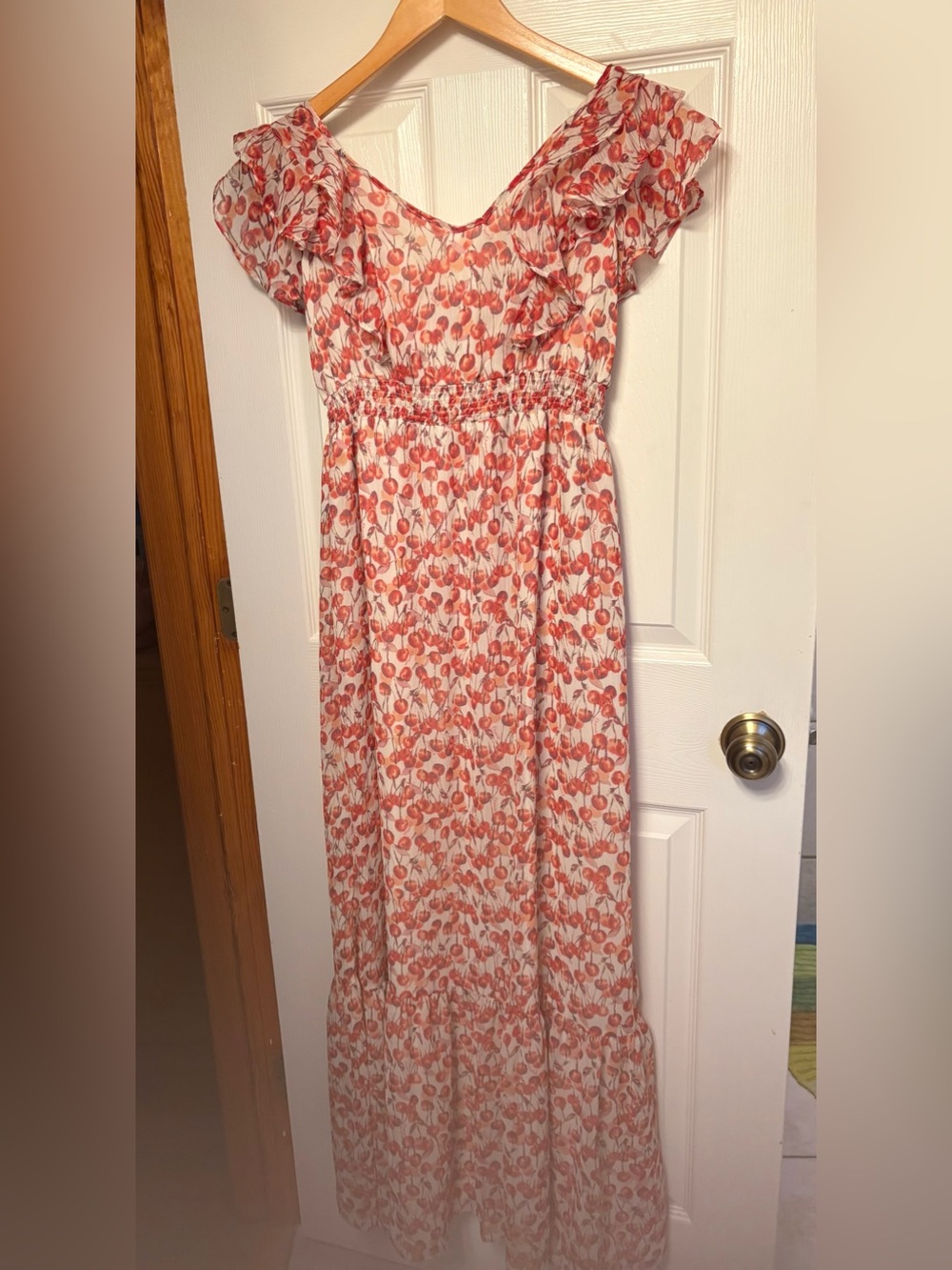 Lauren Conrad Size 16 Cherry Print Maxi Dress Smocked Flutter Sleeve